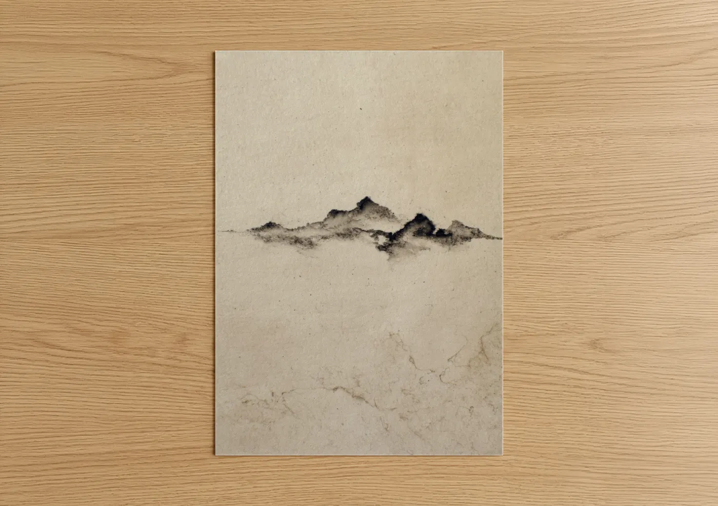 Abstract minimalist art print on warm oak wood — black and white and beige palette — Misty Mountain Range poster