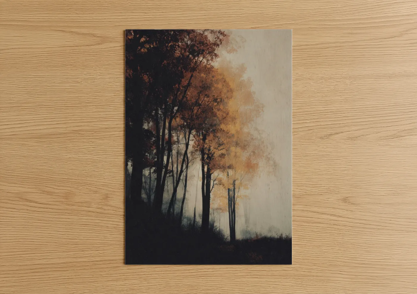 Art print on warm oak wood — russet and cream palette — Autumn Maple Forest poster