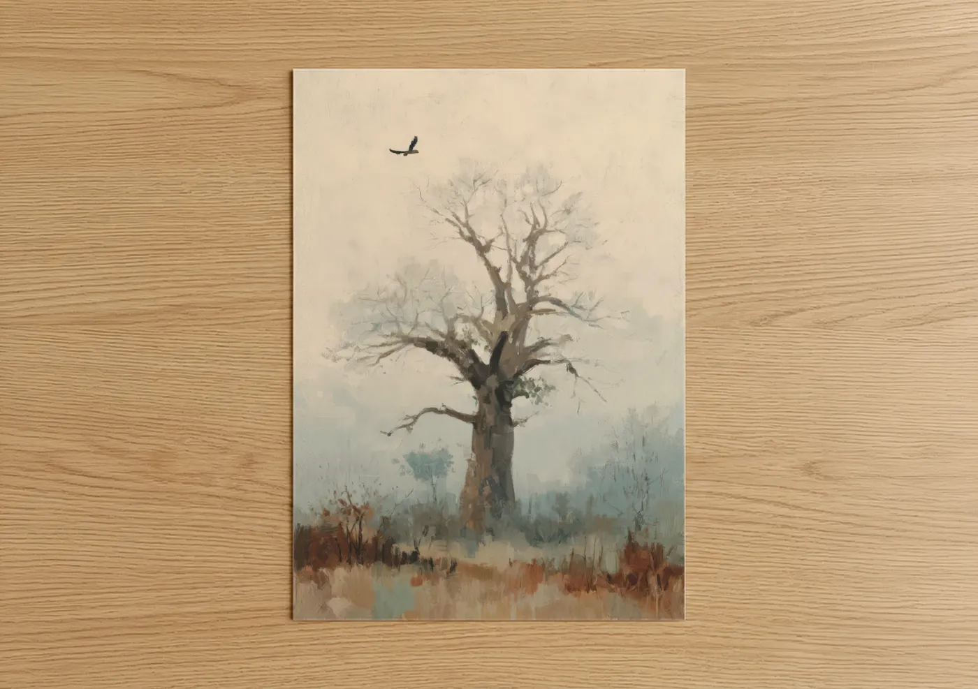 Solitary Baobab Tree Misty Landscape Wall Art