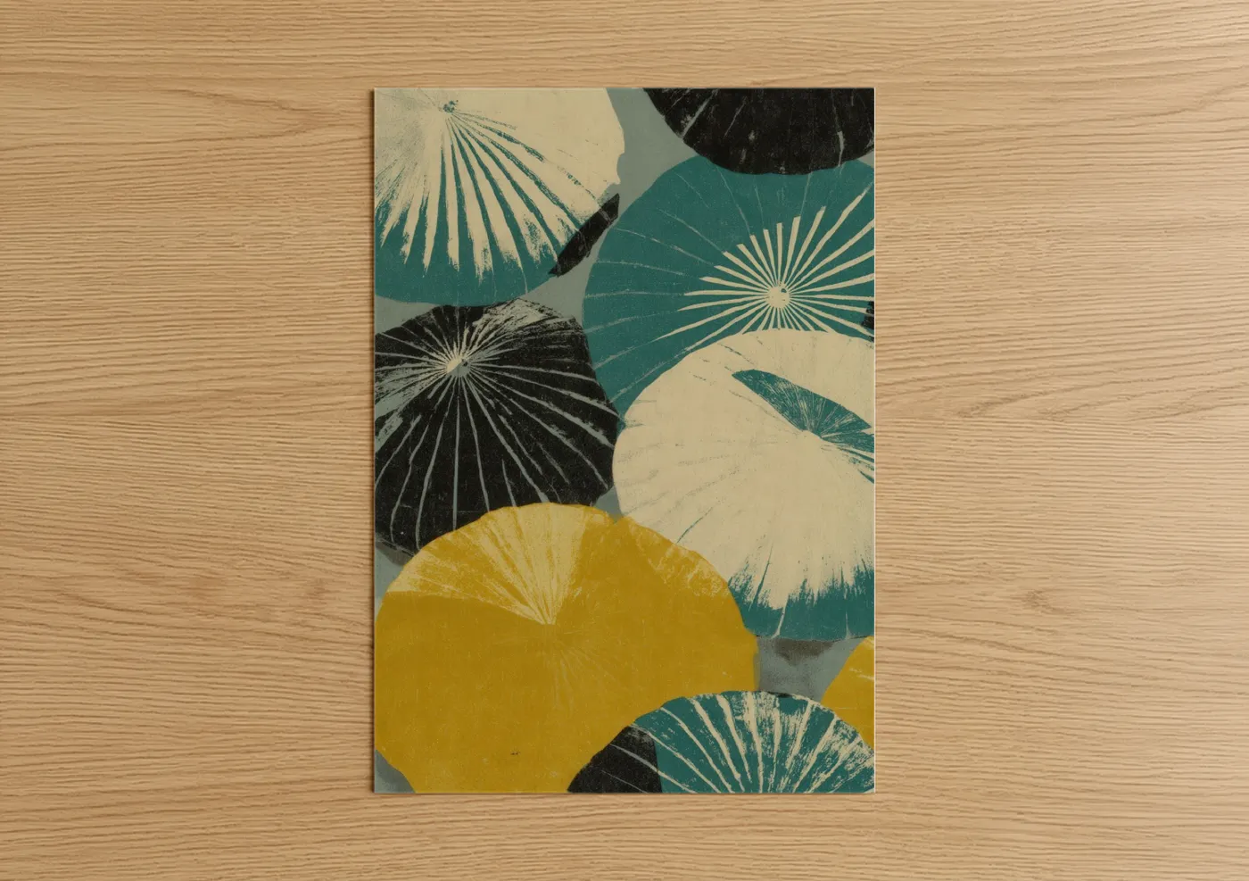 Art print on warm oak wood — teal and yellow gold palette — Radiant Sea Urchins poster