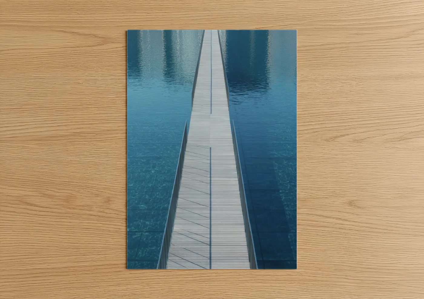 Bridges art print on warm oak wood — blue and white and turquoise palette — Endless Dock poster