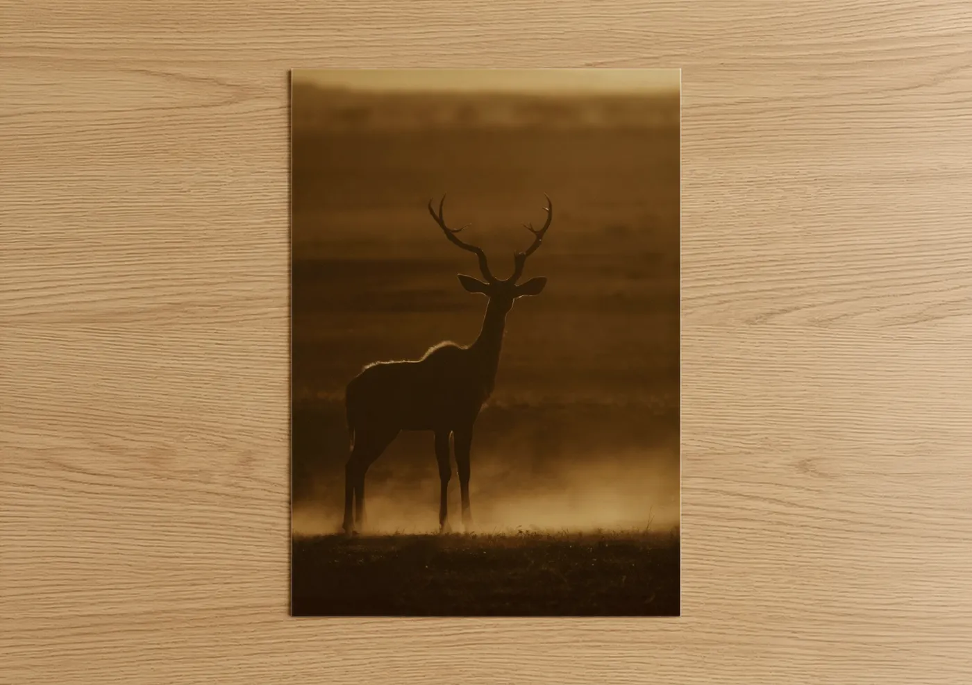 Art print on warm oak wood — brown and gold palette — Golden Antelope poster