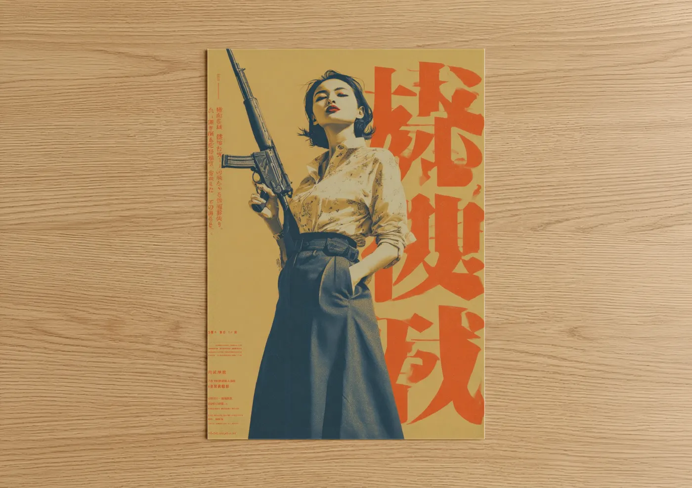 Vintage japanese ads art print on warm oak wood — gold and dark blue palette — Armed Resistance poster