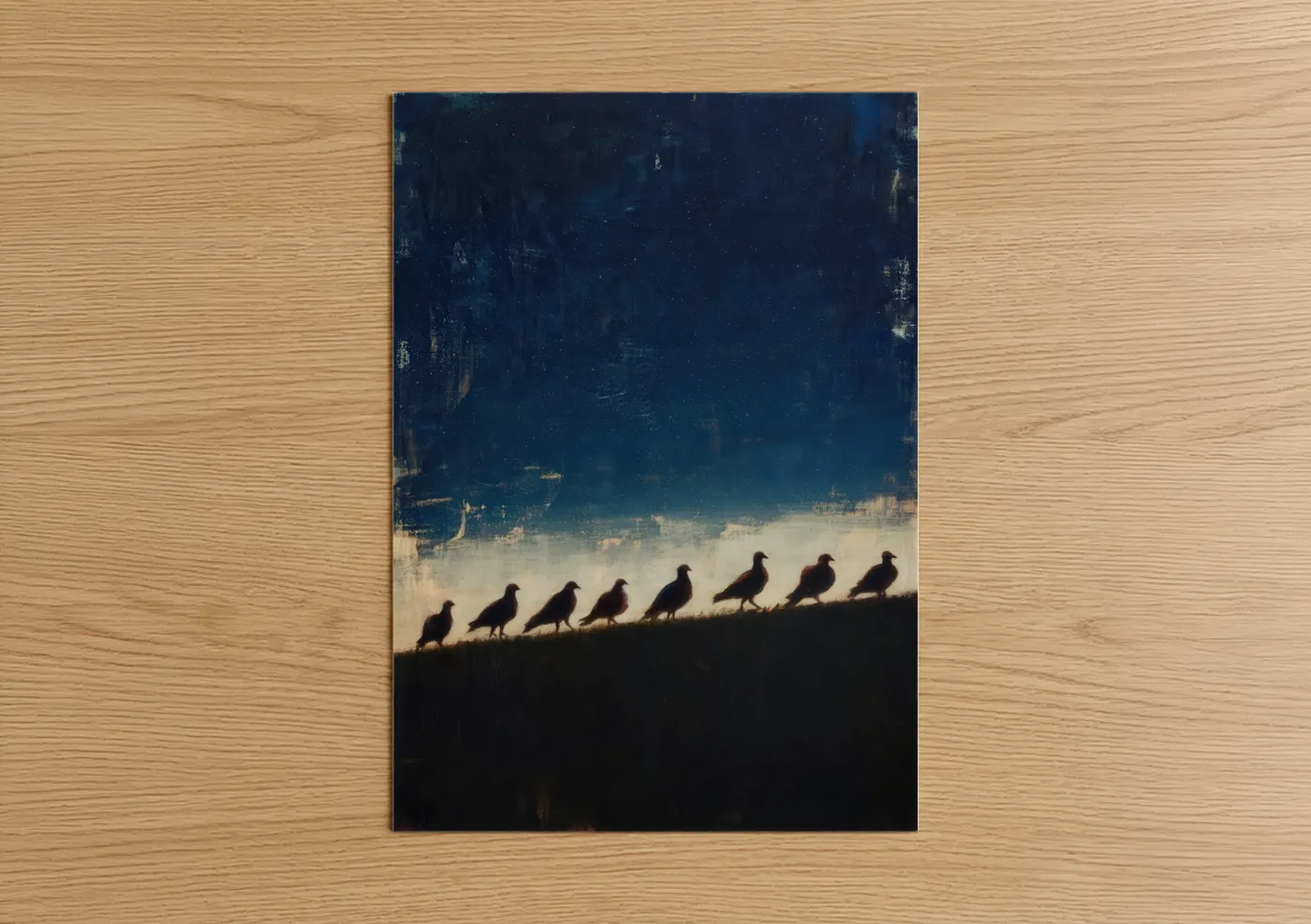 Art print on warm oak wood — dark blue and gold palette — Doves in Flight poster