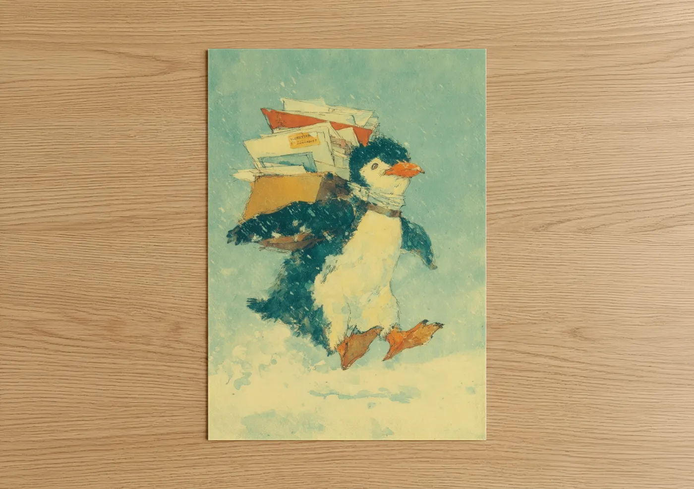 Art print on warm oak wood — aquamarine and cream palette — Postman Penguin poster