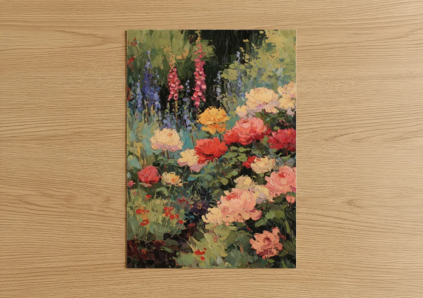 Art print on warm oak wood — green and pink palette — Spring Garden Bloom poster