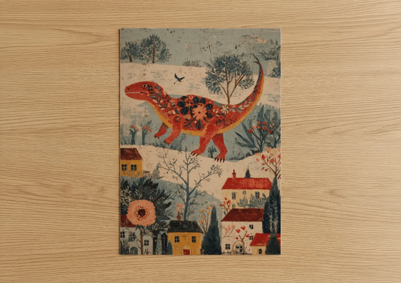 Red Dinosaur Whimsical Village Illustration Wall Art