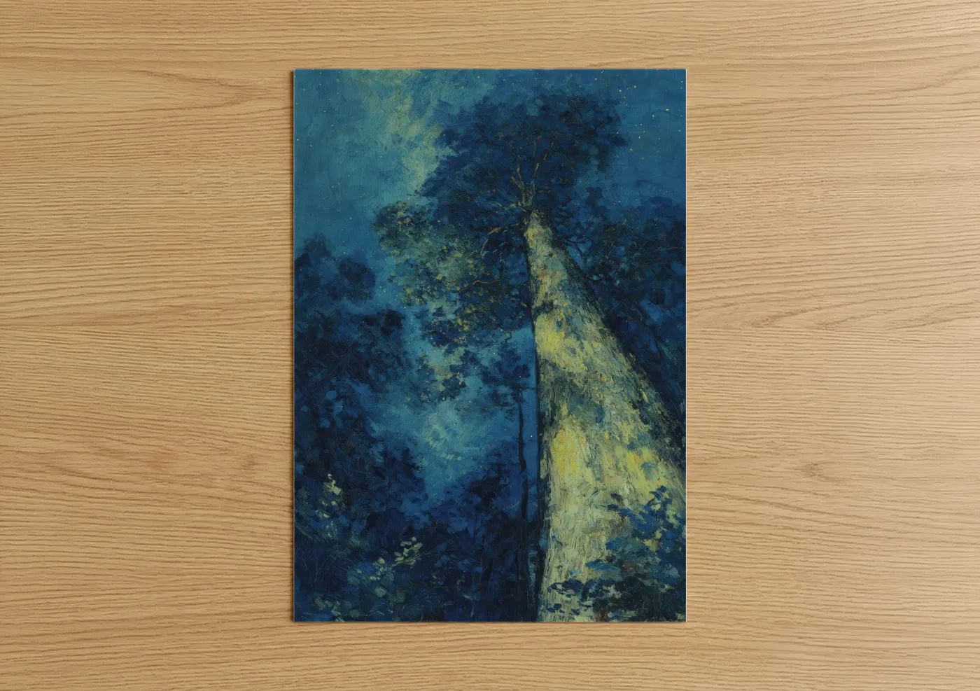 Kauri tree art print on warm oak wood — dark blue and gold palette — Celestial Kauri poster
