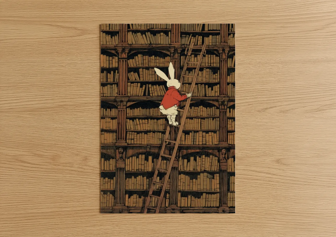 Art print on warm oak wood — cream and red palette — Literary Rabbit poster