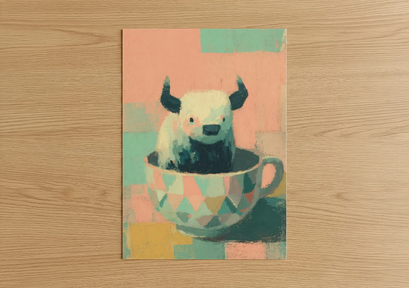 Whimsical Teacup Yak Illustration Wall Art