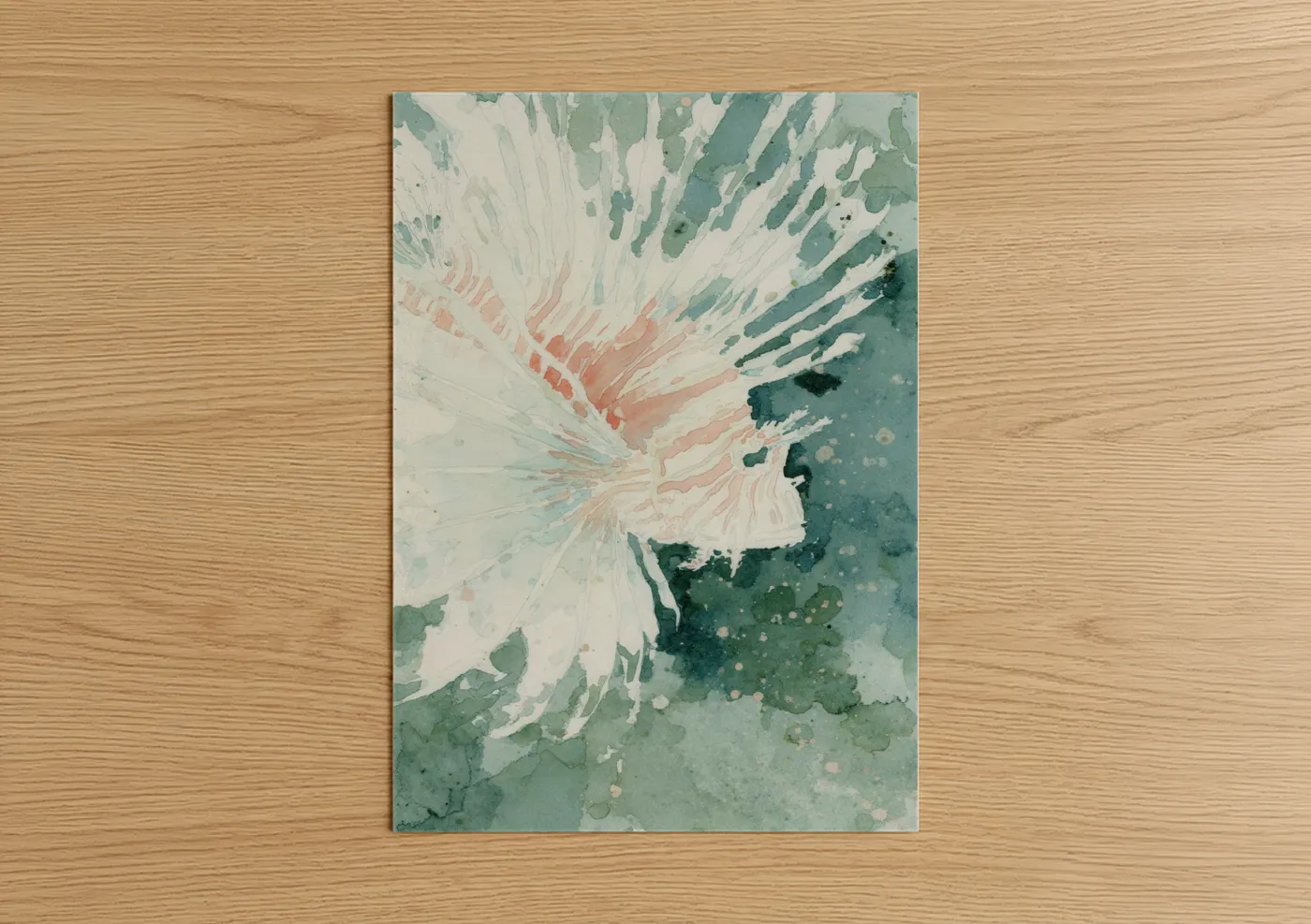 Art print on warm oak wood — sage green and cream palette — Ethereal Lionfish poster