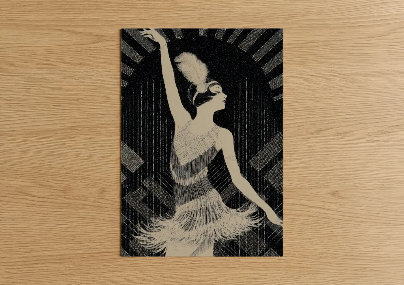 Retro fashion art print on warm oak wood — black and white and cream palette — Art Deco Dancer poster