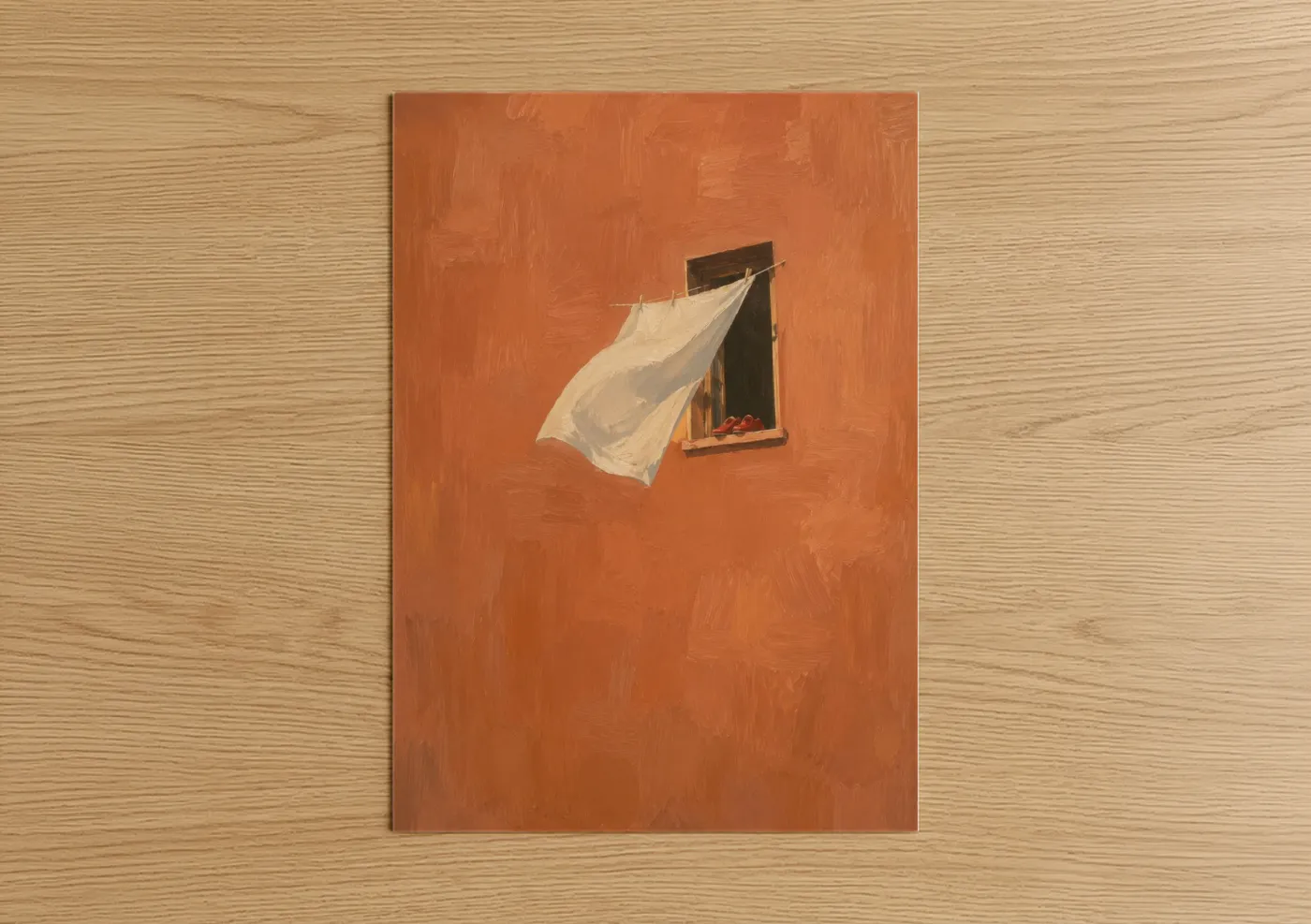 Art print on warm oak wood — orange and peach palette — Tuscan Window With Flowing Curtain Wall Art poster