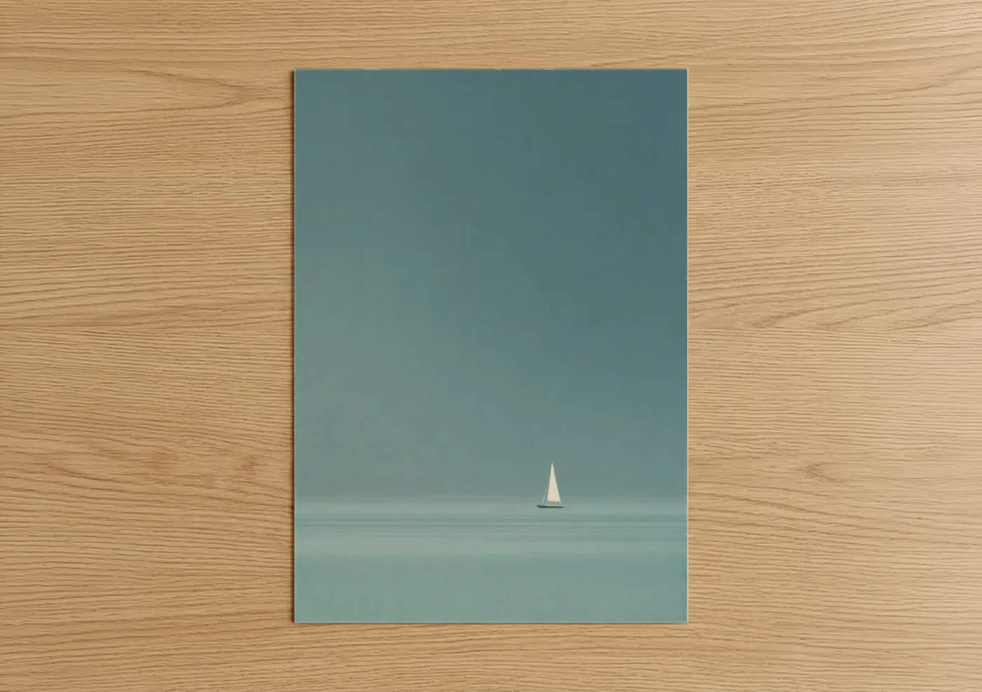 Sailing art print on warm oak wood — teal and white palette — Solitary Sailboat poster