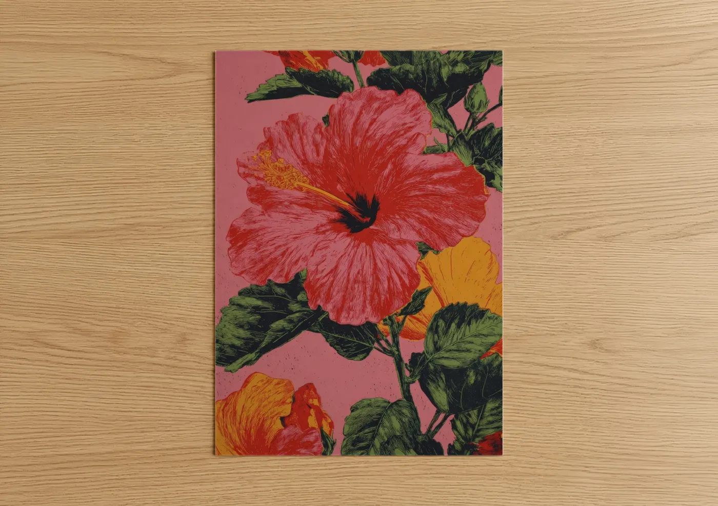 Art print on warm oak wood — red and green palette — Crimson Hibiscus Bloom poster