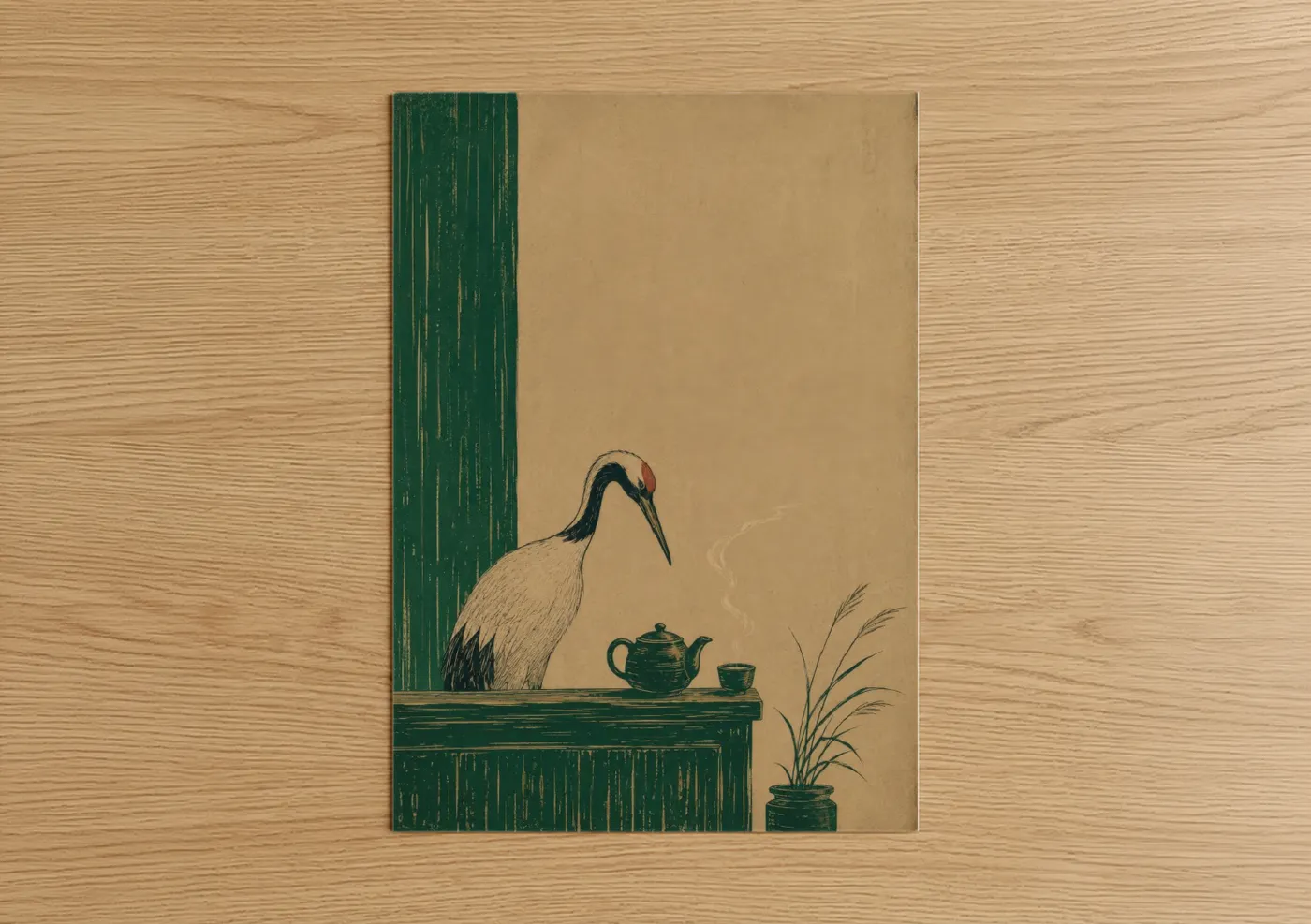 Art print on warm oak wood — green and beige palette — Japanese Crane Tea Ceremony Wall Art poster