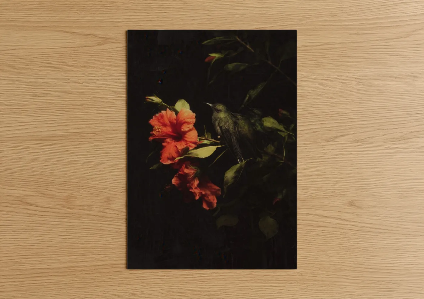 Art print on warm oak wood — red and black palette — Crimson Hummingbird poster