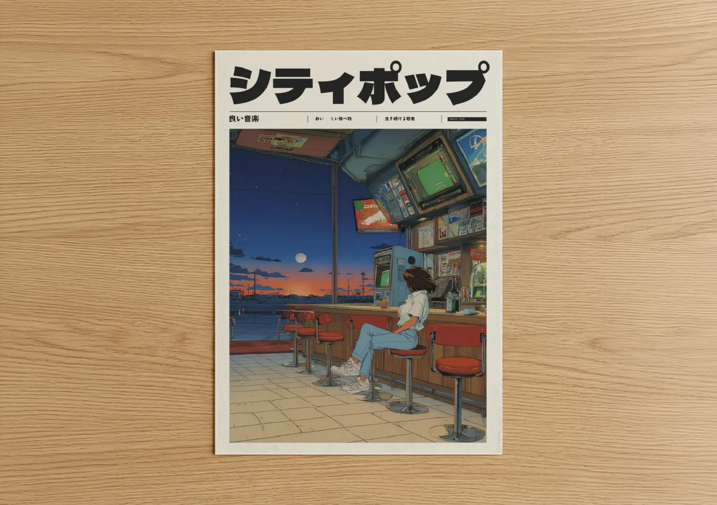 Anime Girl Sunset Diner Aesthetic Wall Art