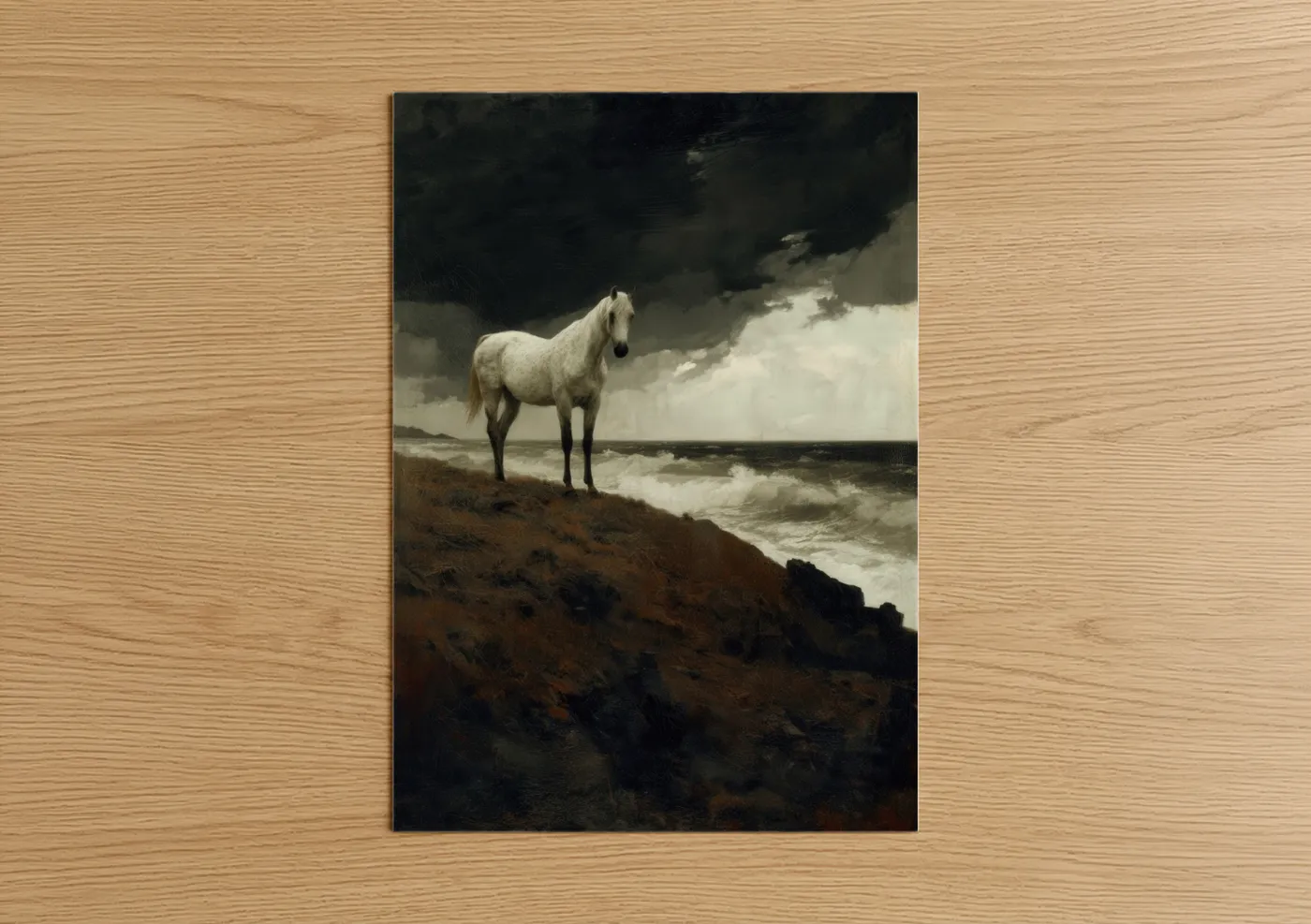 Arabian horse art print on warm oak wood — black and cream palette — Coastal Arabian poster