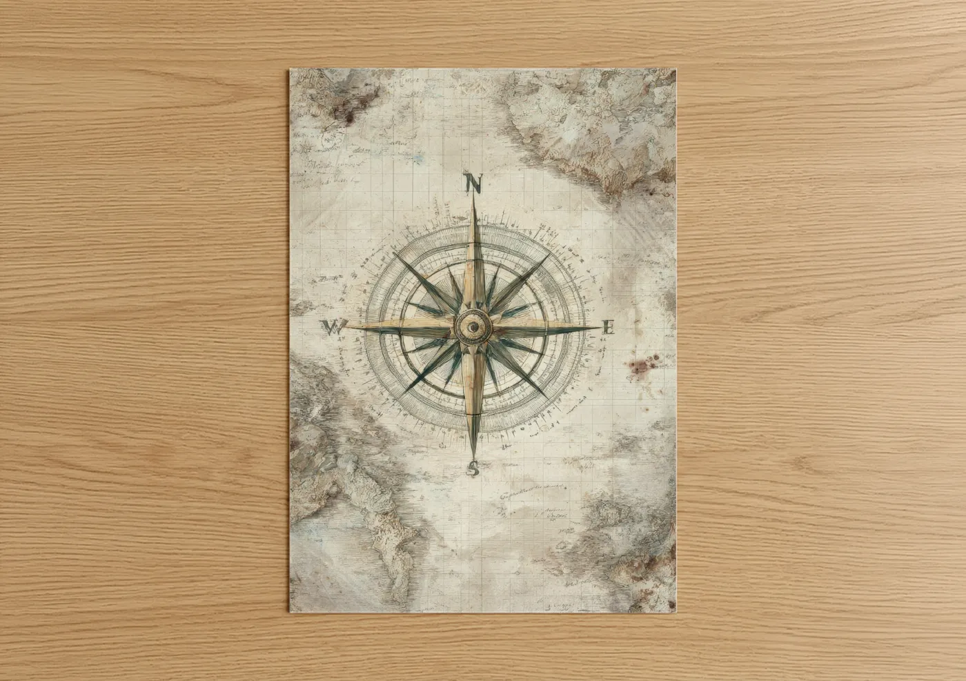 Art print on warm oak wood — cream and sage green palette — Vintage Compass Rose poster