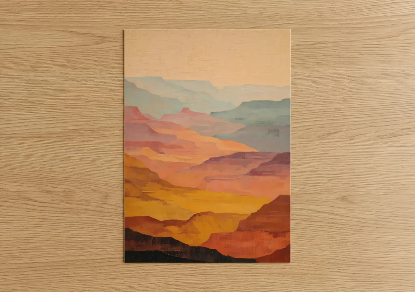 Art print on warm oak wood — yellow gold and russet palette — Canyon Rainbow Layers poster