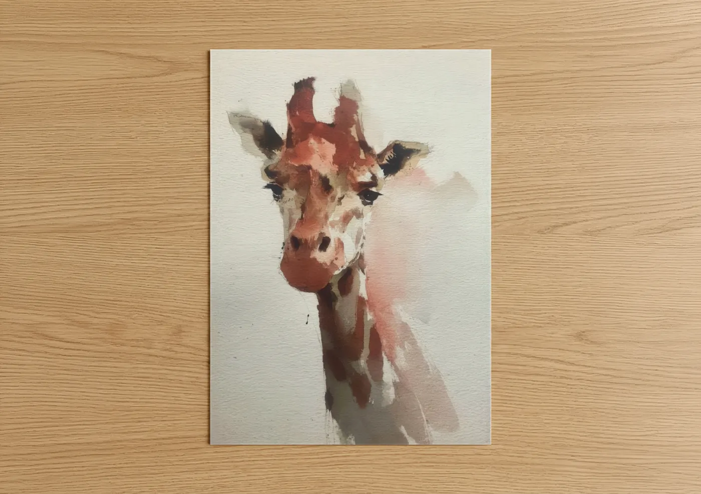 Art print on warm oak wood — russet and cream palette — Warm Giraffe poster
