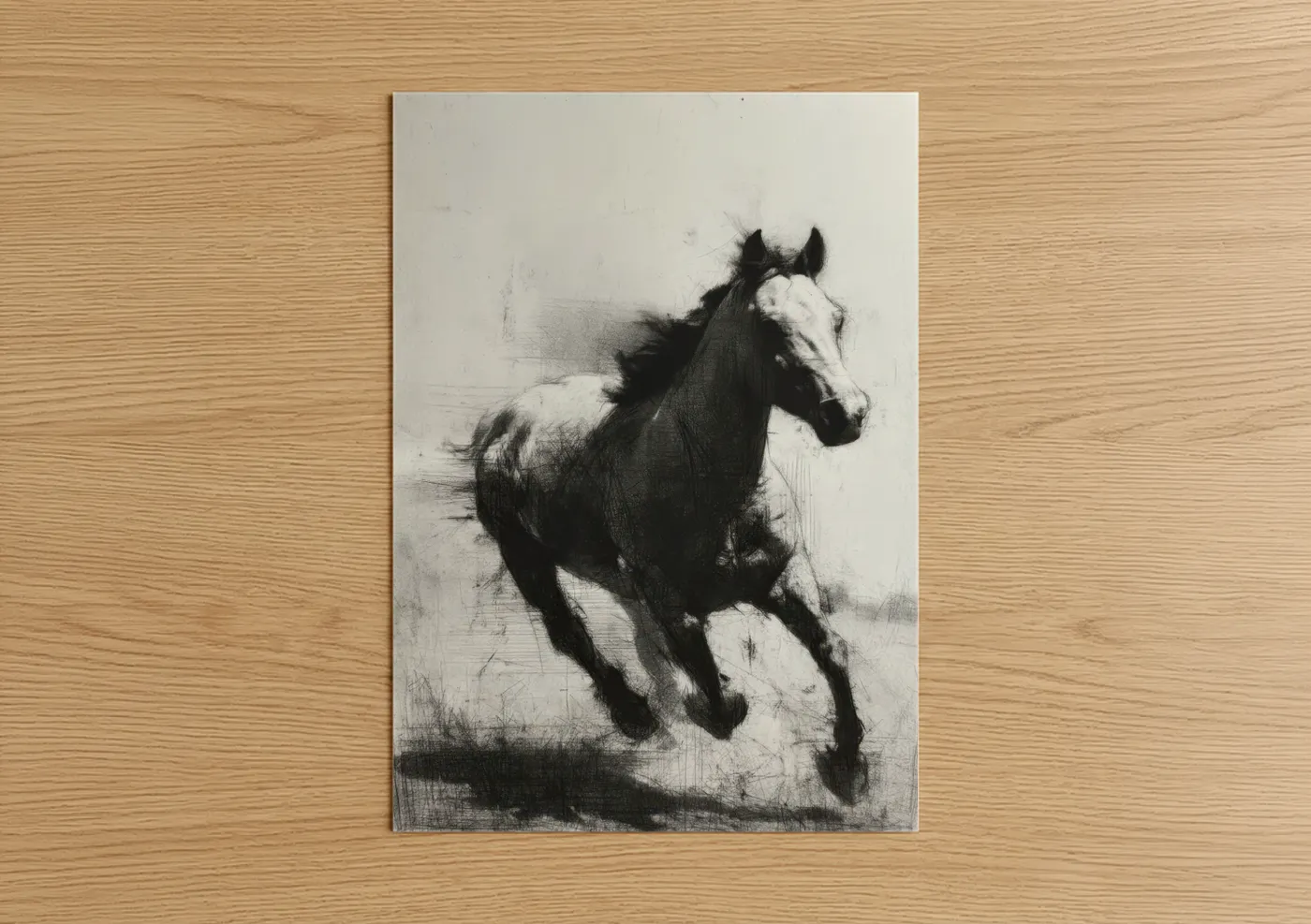 Art print on warm oak wood — black and white palette — Galloping Quarter Horse poster