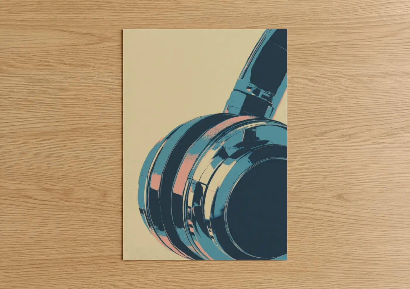 Art print on warm oak wood — teal and beige palette — Retro Headphones poster