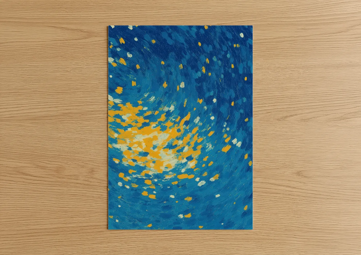 Art print on warm oak wood — blue and gold palette — Golden Star Burst poster