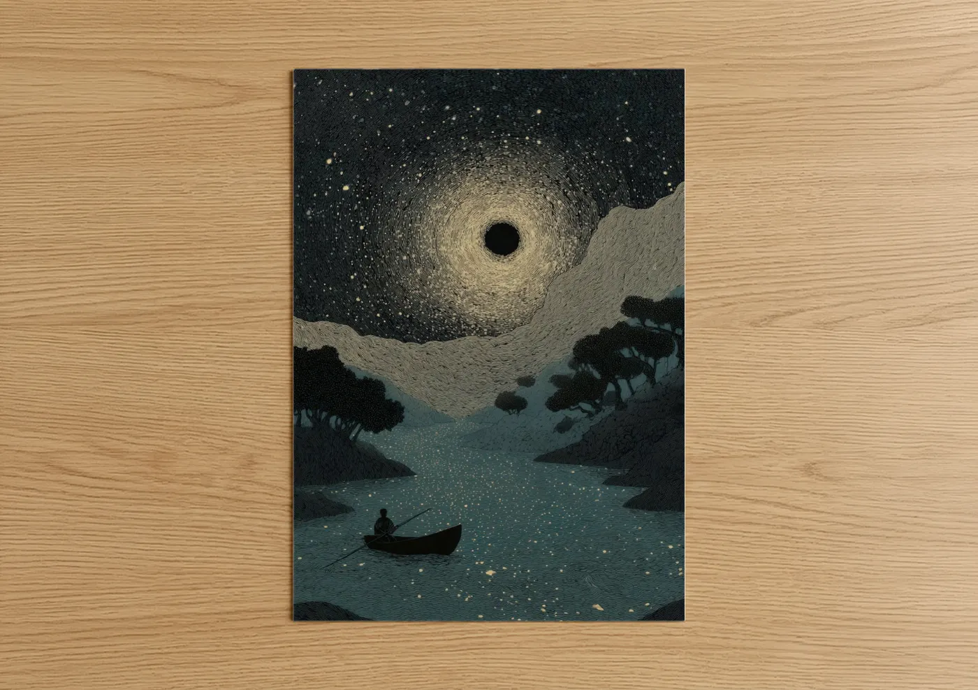 Art print on warm oak wood — black and gold palette — Cosmic Dreamscape poster