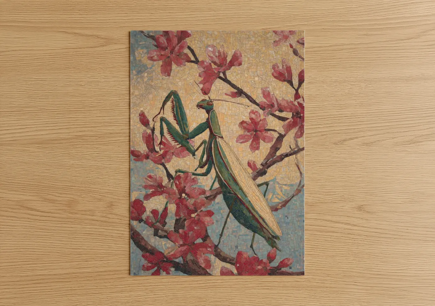 Prayin mantis art print on warm oak wood — gold and magenta palette — Crimson Mantis poster
