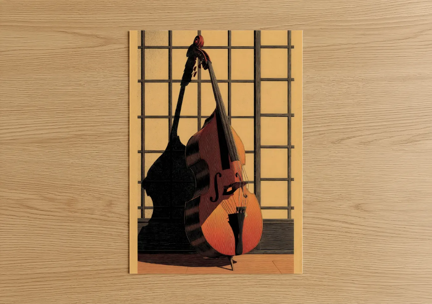 Bass guitar art print on warm oak wood — russet and orange palette — Crimson Bass Elegance poster