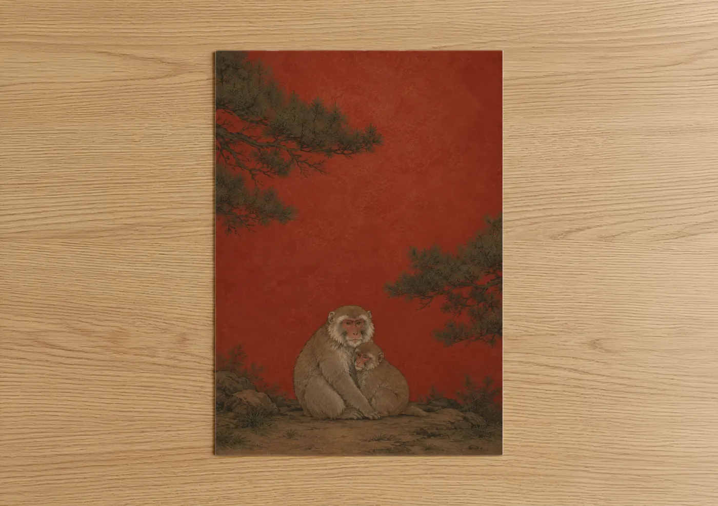 Art print on warm oak wood — red and beige palette — Japanese Monkey Pine Tree Wall Art poster