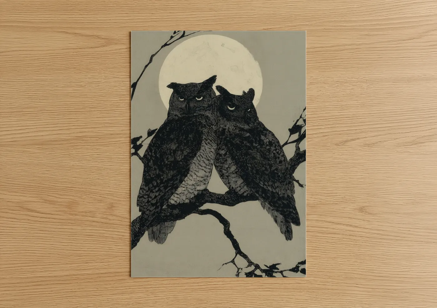 Animals in love art print on warm oak wood — black and white and cream palette — Moonlit Owl Pair poster