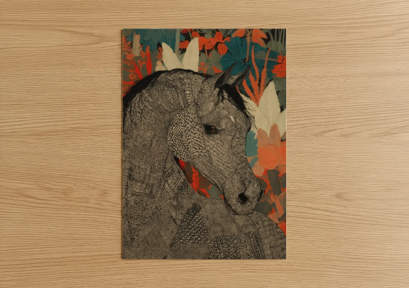 Arabian horse art print on warm oak wood — teal and orange palette — Patterned Arabian poster