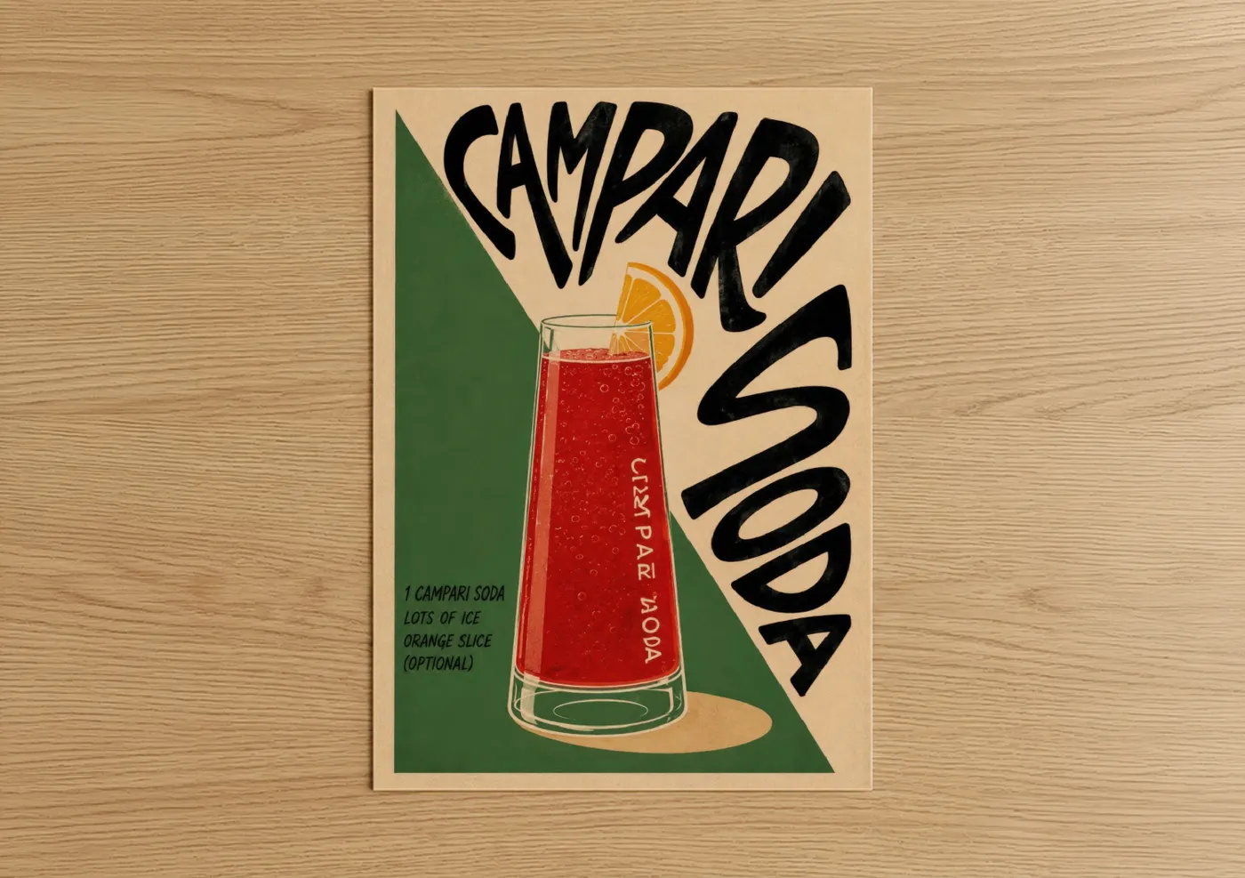 Art print on warm oak wood — beige and red palette — Campari Soda Cocktail Retro Wall Art poster