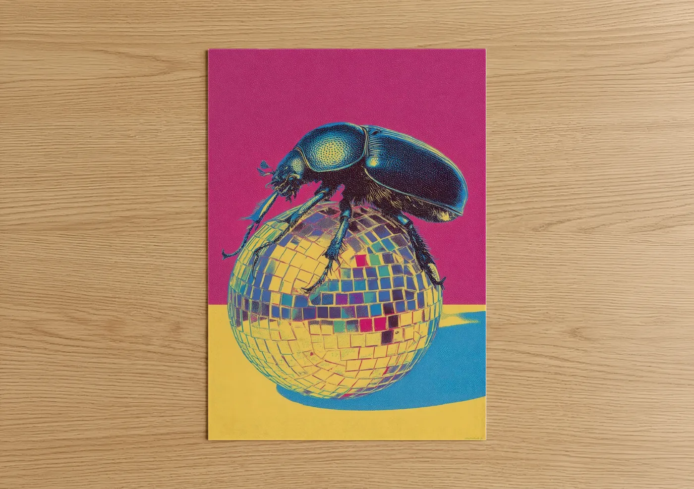 Art print on warm oak wood — magenta and gold palette — Disco Beetle poster