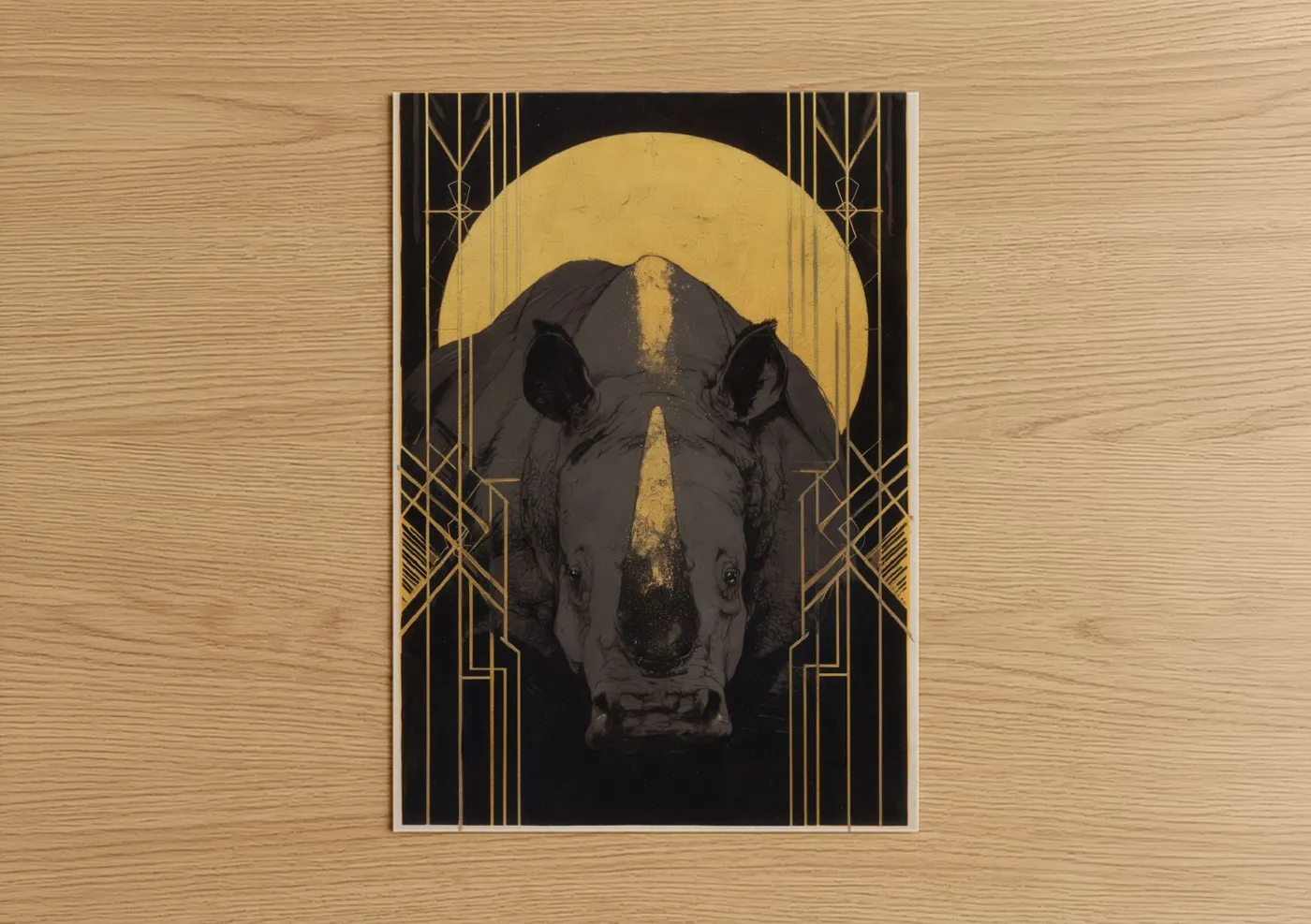Art print on warm oak wood — gold and black palette — Golden Rhino poster