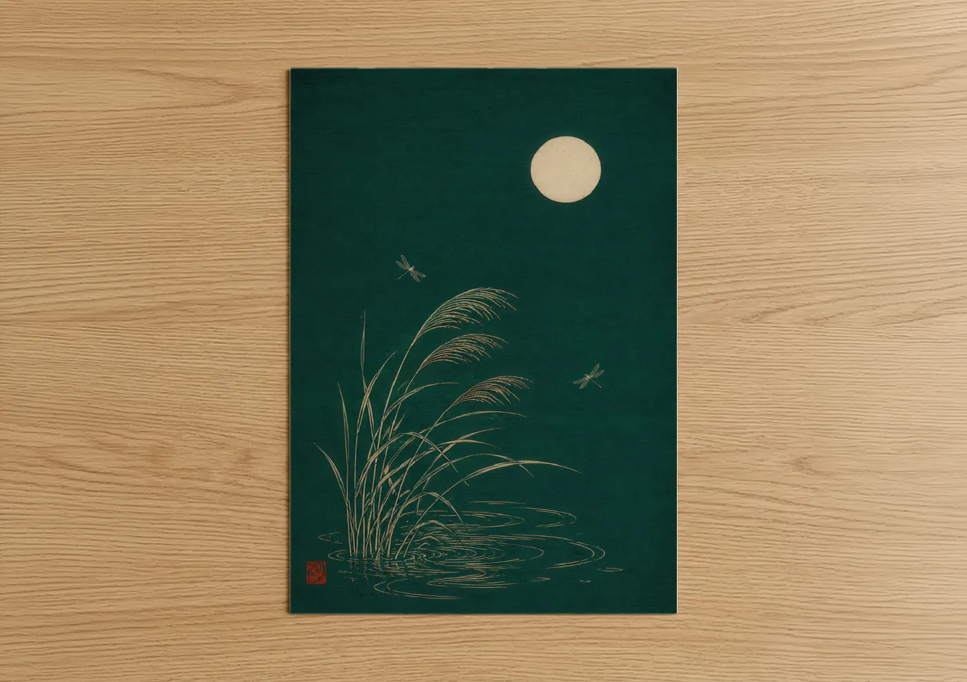 Art print on warm oak wood — dark green and champagne gold palette — Japanese Dragonfly And Moon Wall Art poster