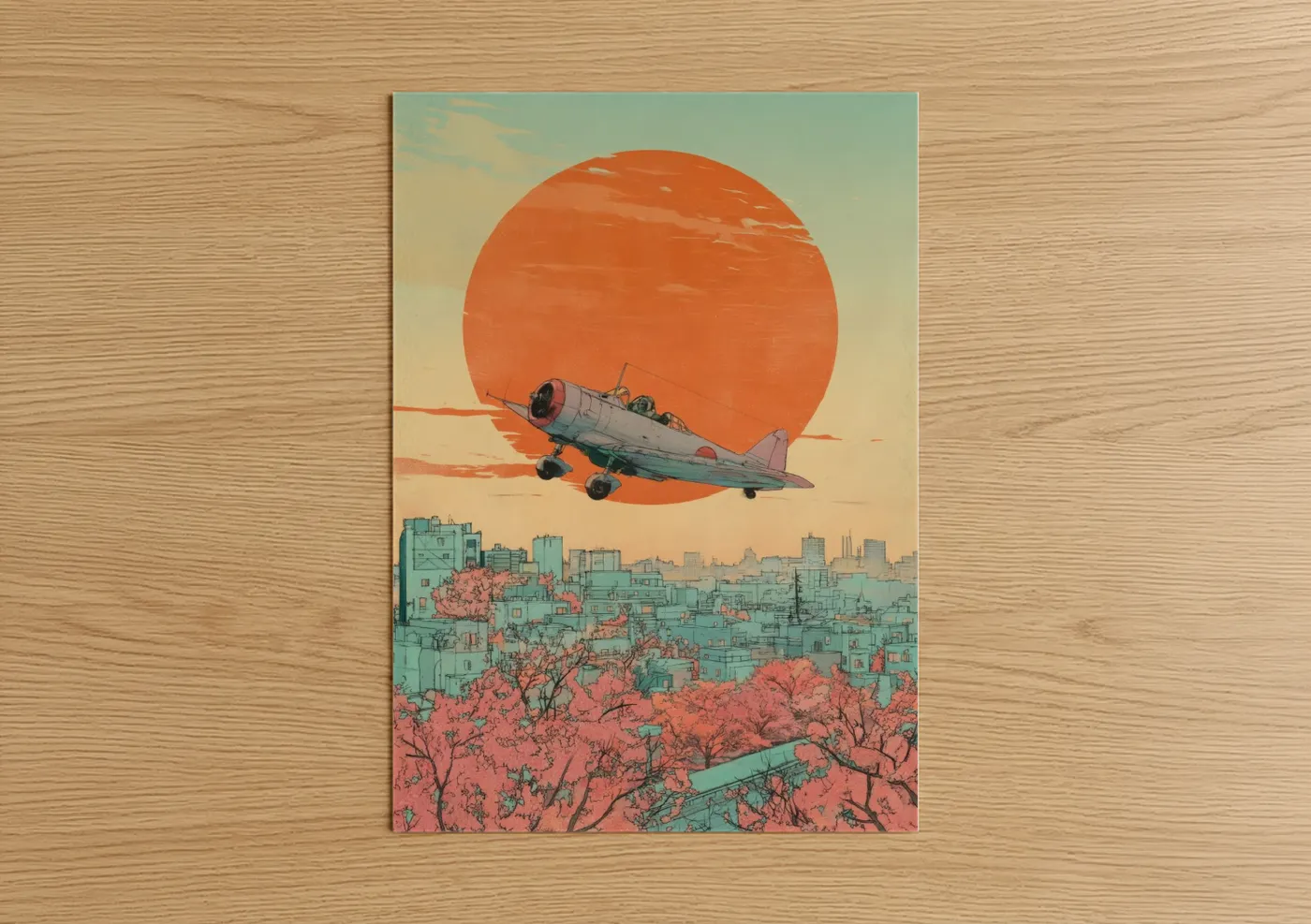 Vintage airplane art print on warm oak wood — peach and sage green palette — Sunset Biplane poster