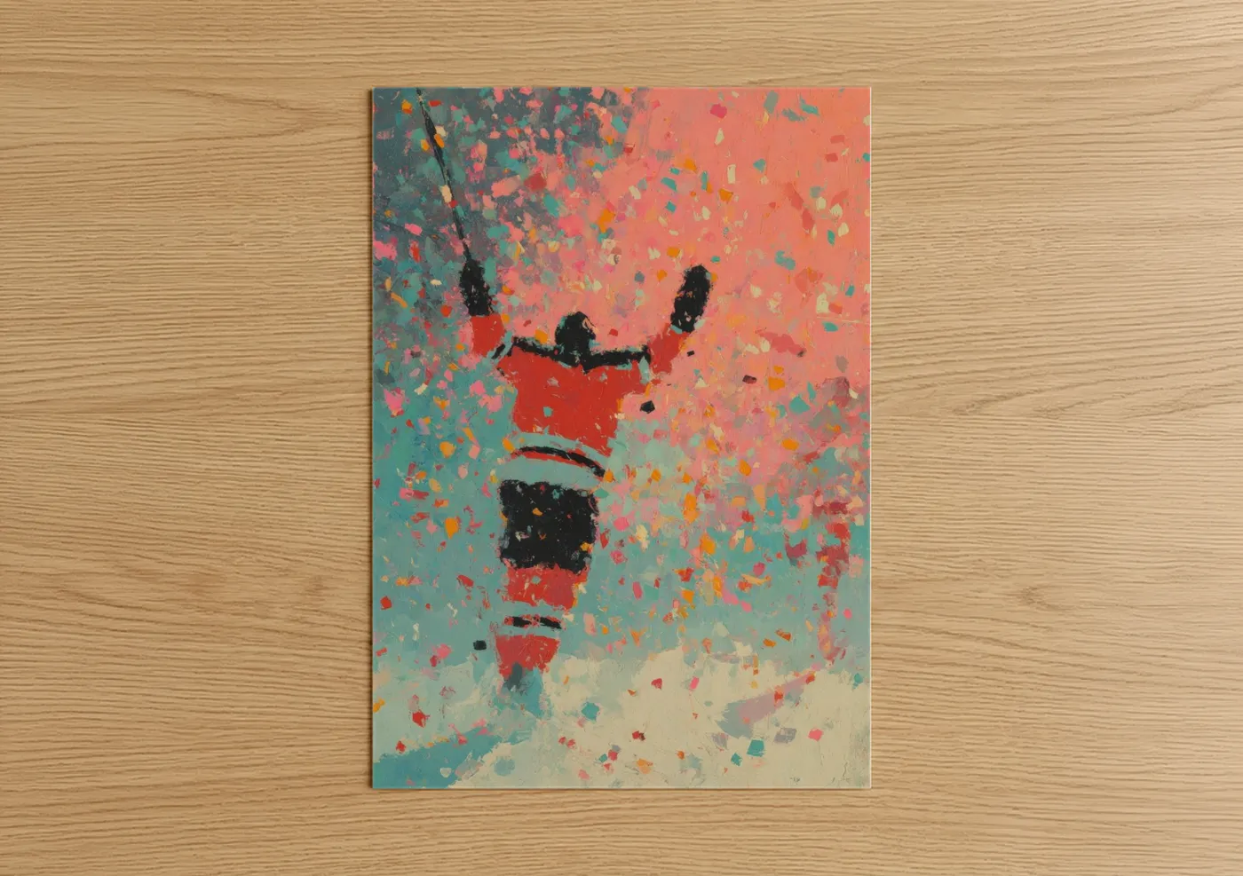 Ice hockey art print on warm oak wood — pink and teal palette — Triumphant Hockey Player poster