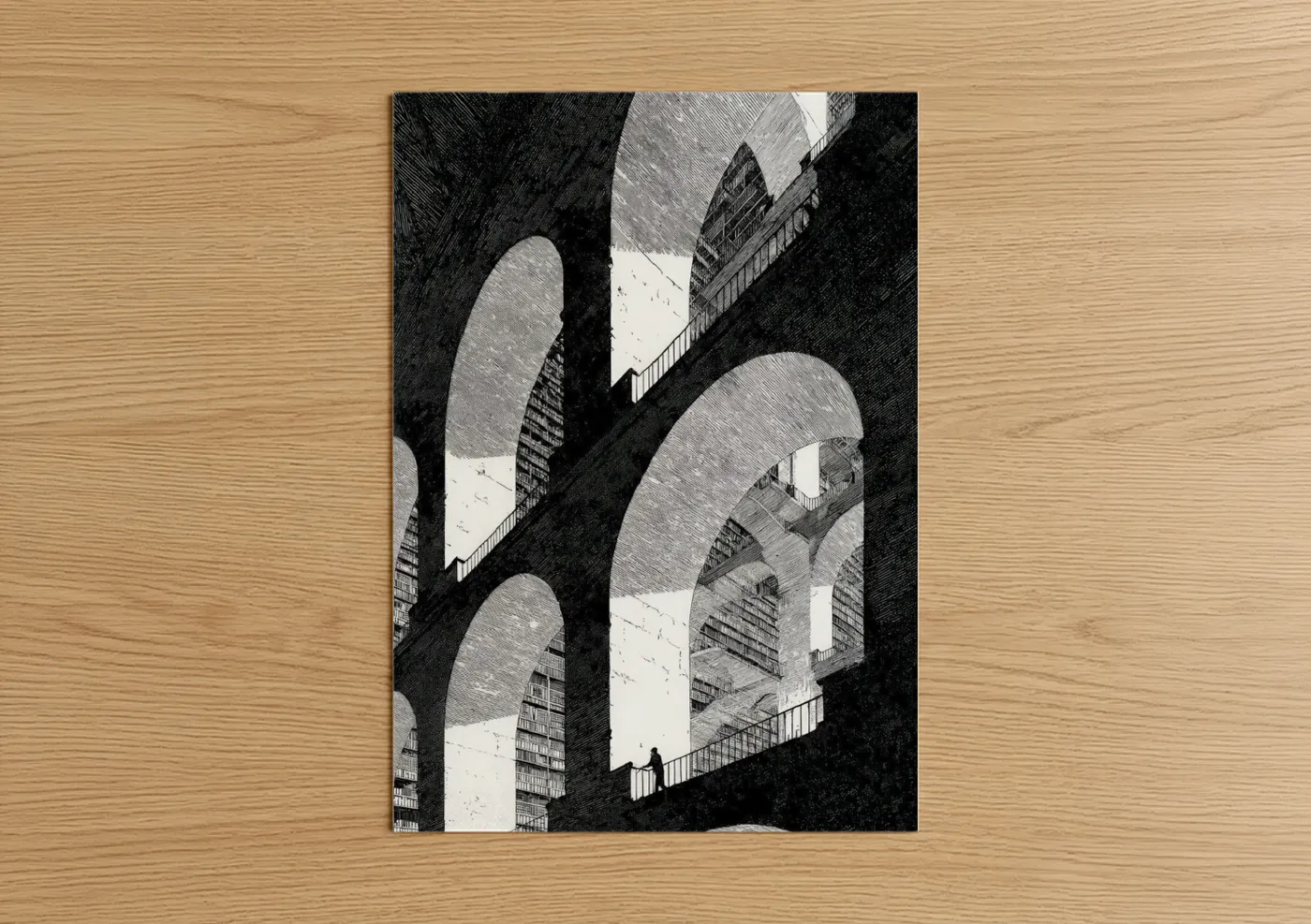 Monumental Library Architecture Ink Drawing Wall Art