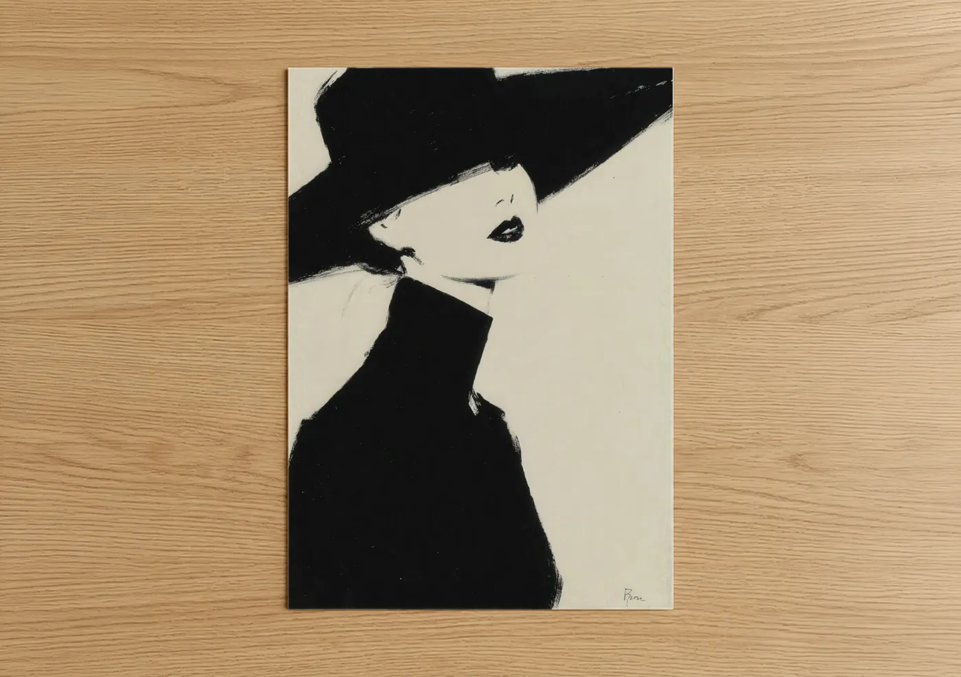 Retro fashion art print on warm oak wood — black and white and cream palette — Elegant Hat Portrait poster