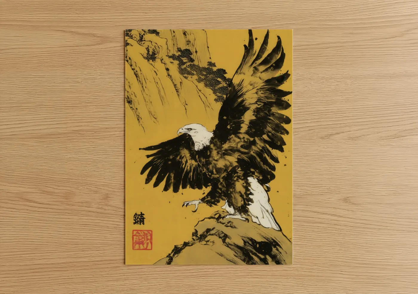 Art print on warm oak wood — gold and black and white palette — Golden Eagle Launch poster