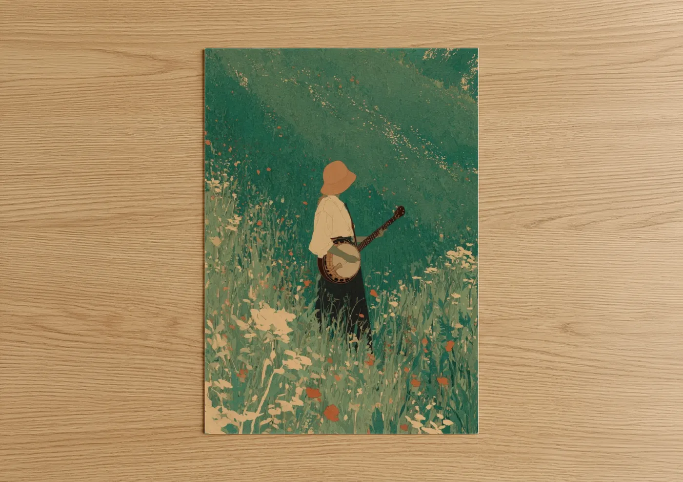 Banjo Musician in Green Field Illustration Wall Art