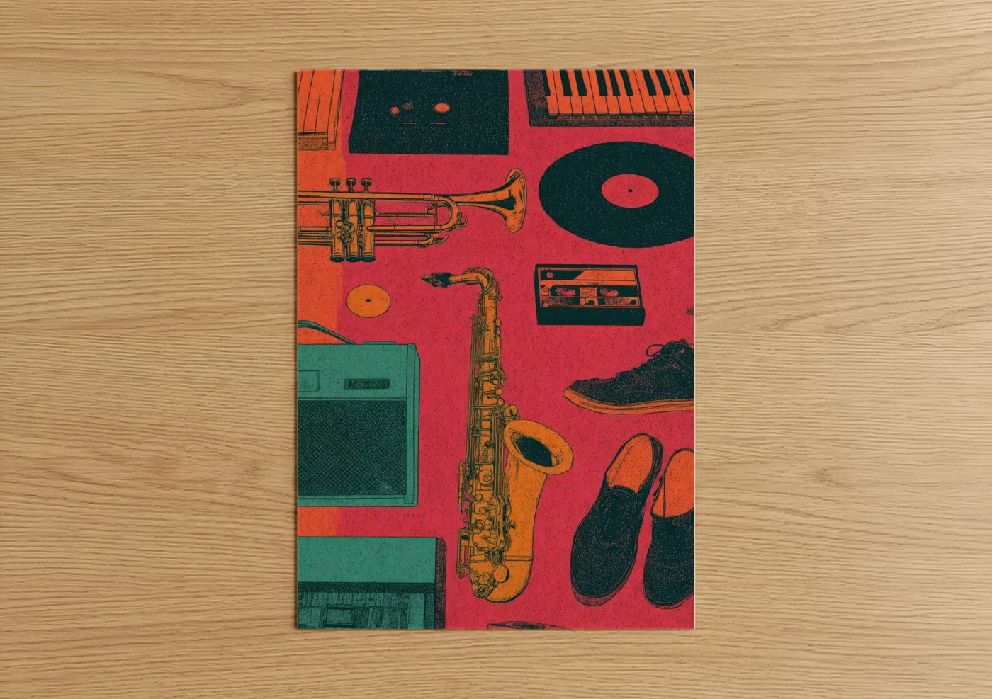 Art print on warm oak wood — red and orange palette — Funk Vibes Collage poster