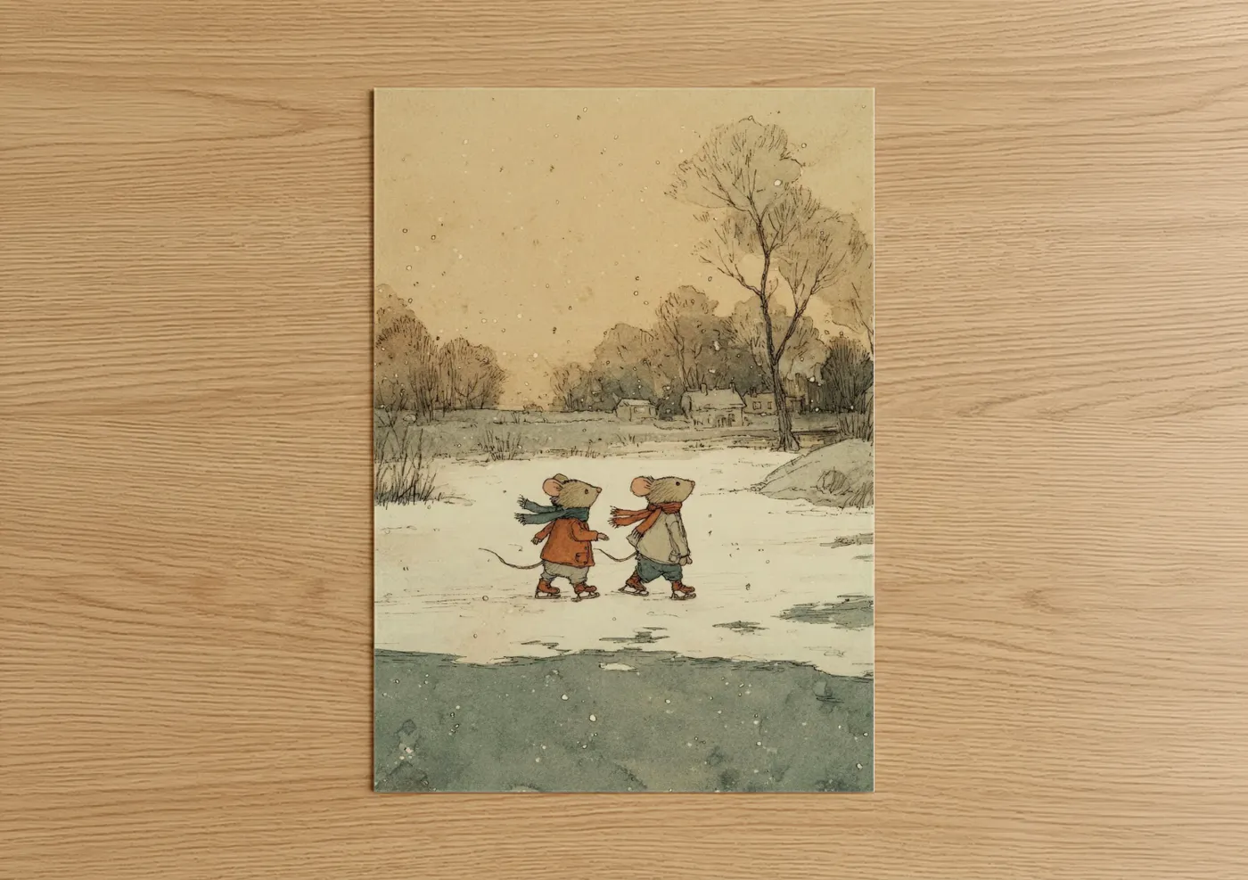 Winter Mouse Pair Holding Hands Wall Art