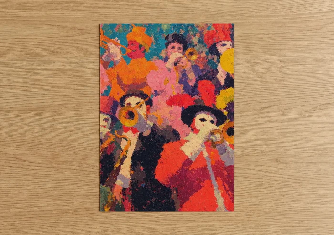 Art print on warm oak wood — red and orange palette — Vibrant Carnival Celebration poster