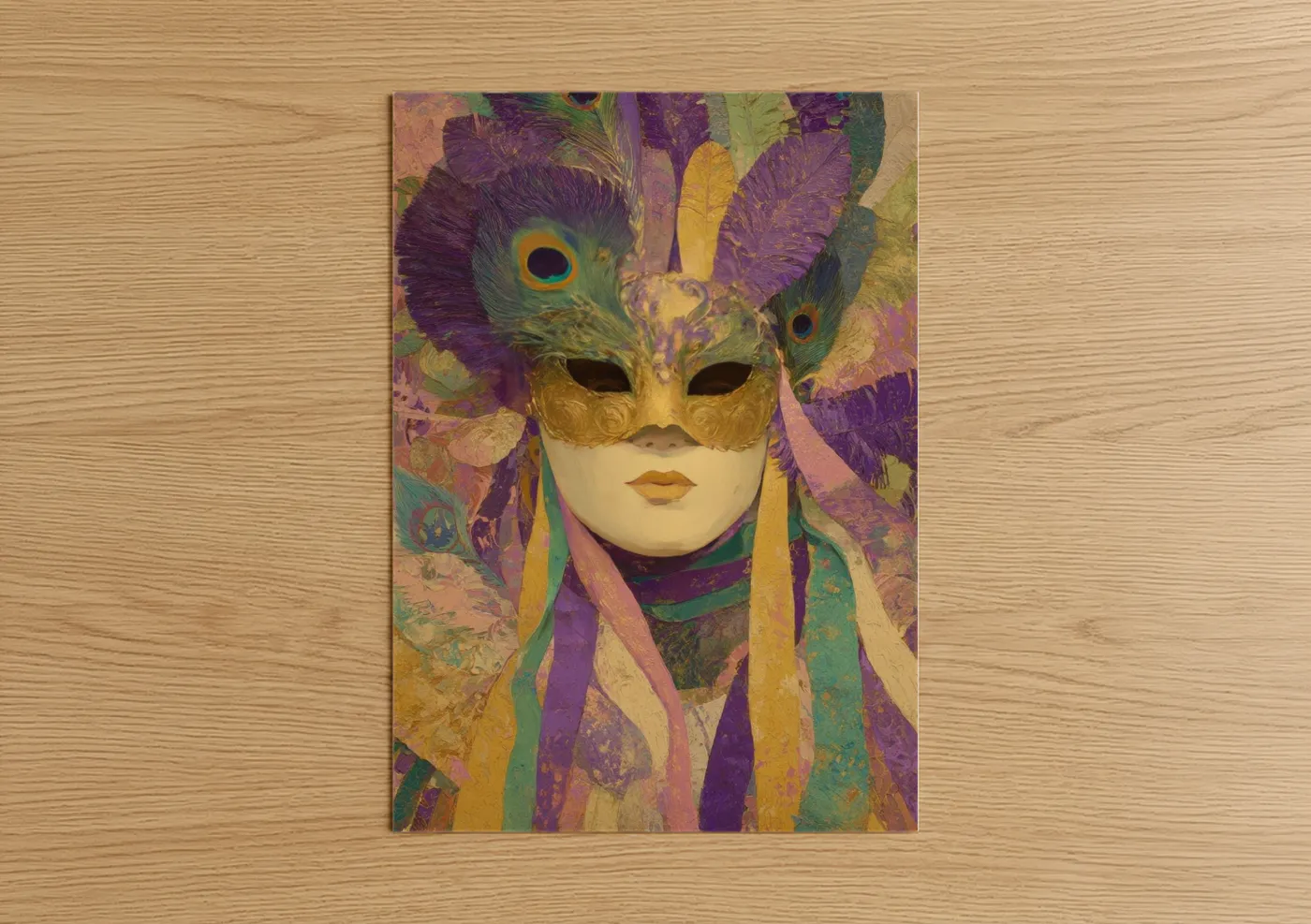 Mardi gras art print on warm oak wood — magenta and gold palette — Venetian Peacock Mask poster