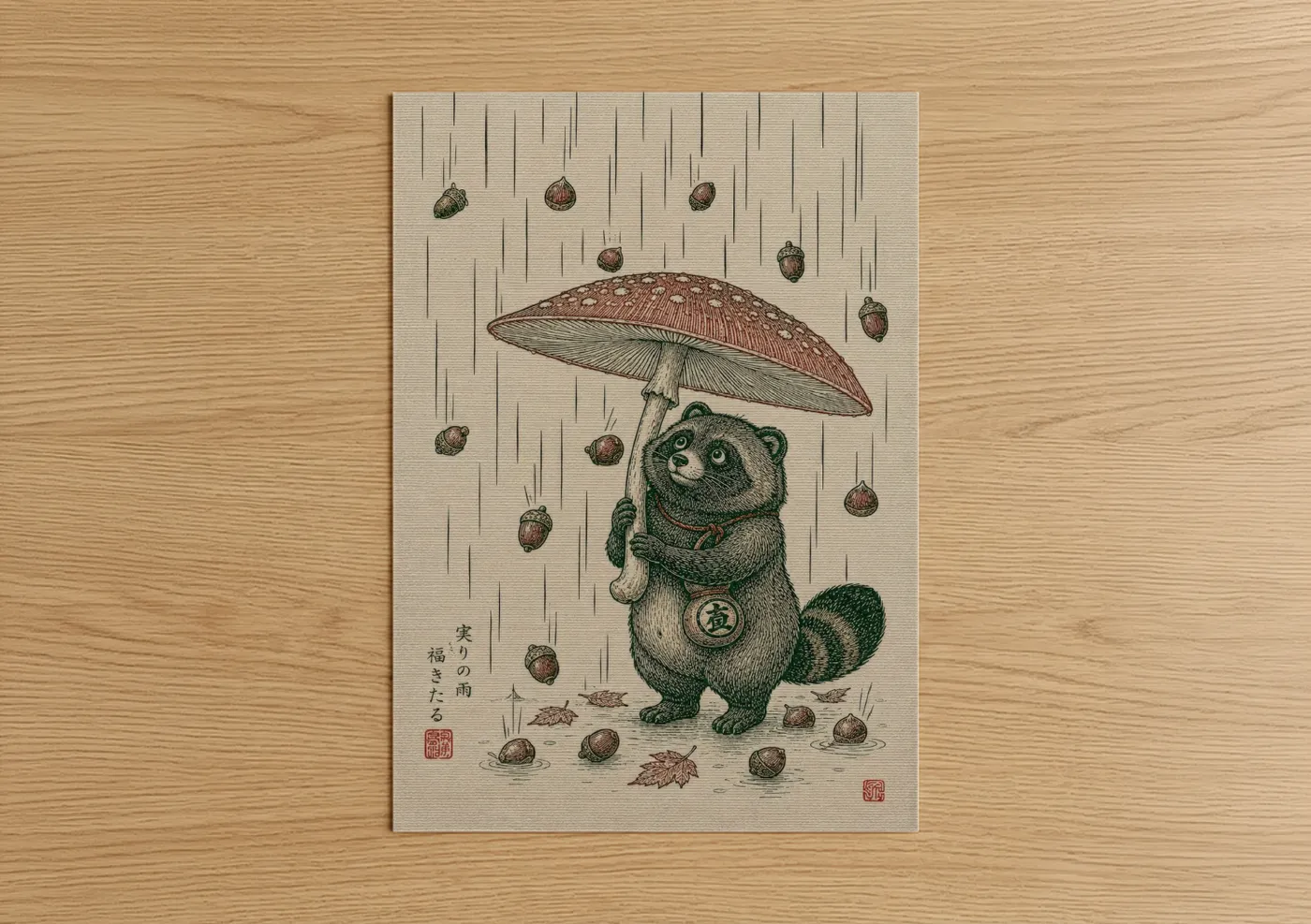 Art print on warm oak wood — beige and true green palette — Japanese Raccoon Autumn Rain Wall Art poster
